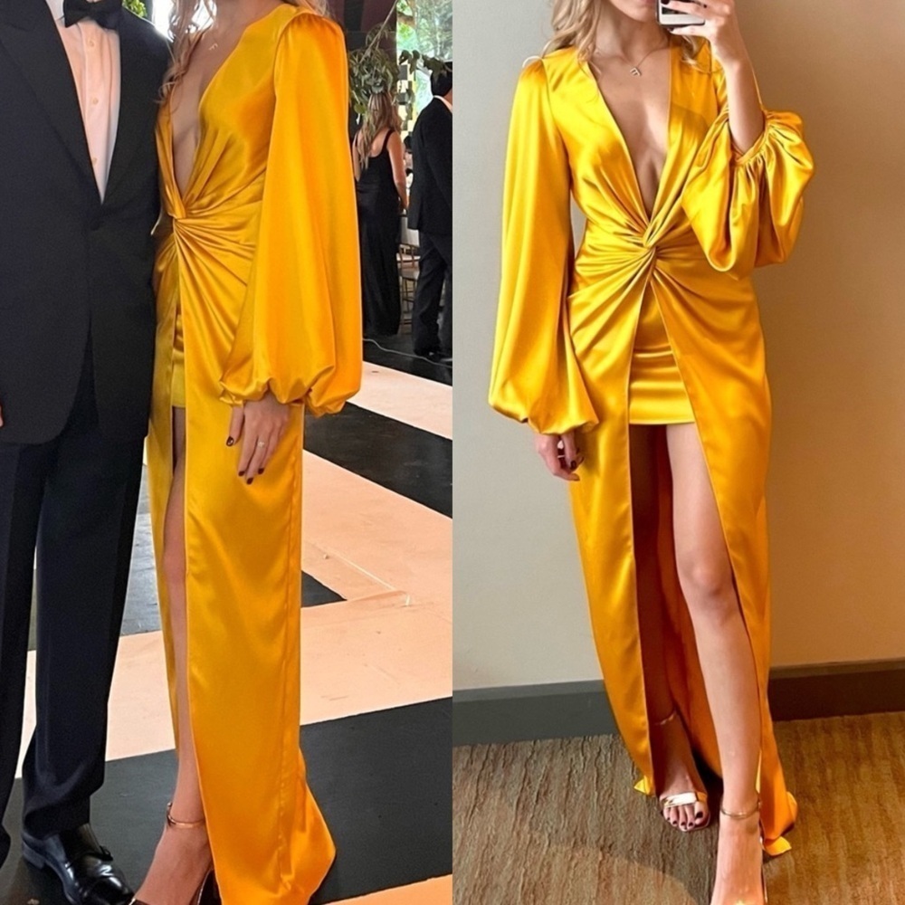 NWT REVOLVE Yellow Gown Satin Dress Maxi knot Long Sleeve Wedding Guest Size S
